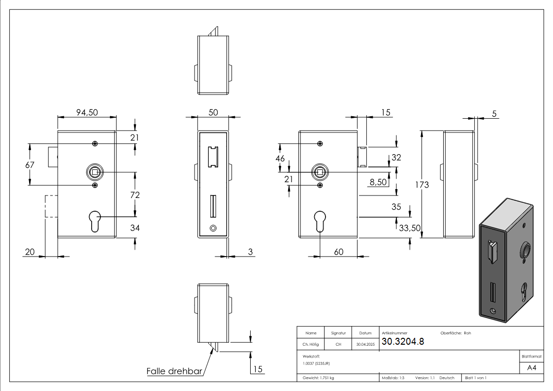 Schlosskasten - Masse- 173x94-5x50 mm - Dorn- 60 mm - Stahl -roh- S235 JR-30-3204.8