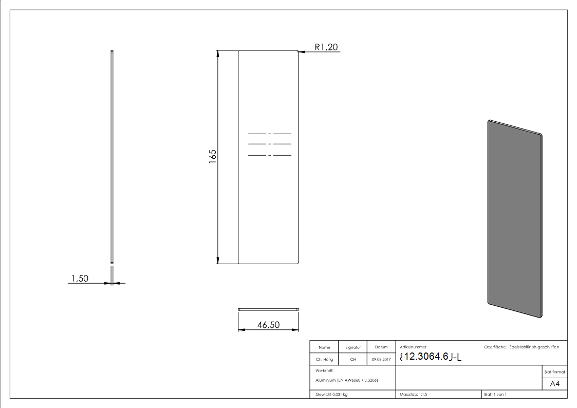 Endkappe - fuer Ganzglasgelaender - fuer Schraege bis 41° - Masse- 165x46-5x1-5 mm - Aluminium-12-3064.6