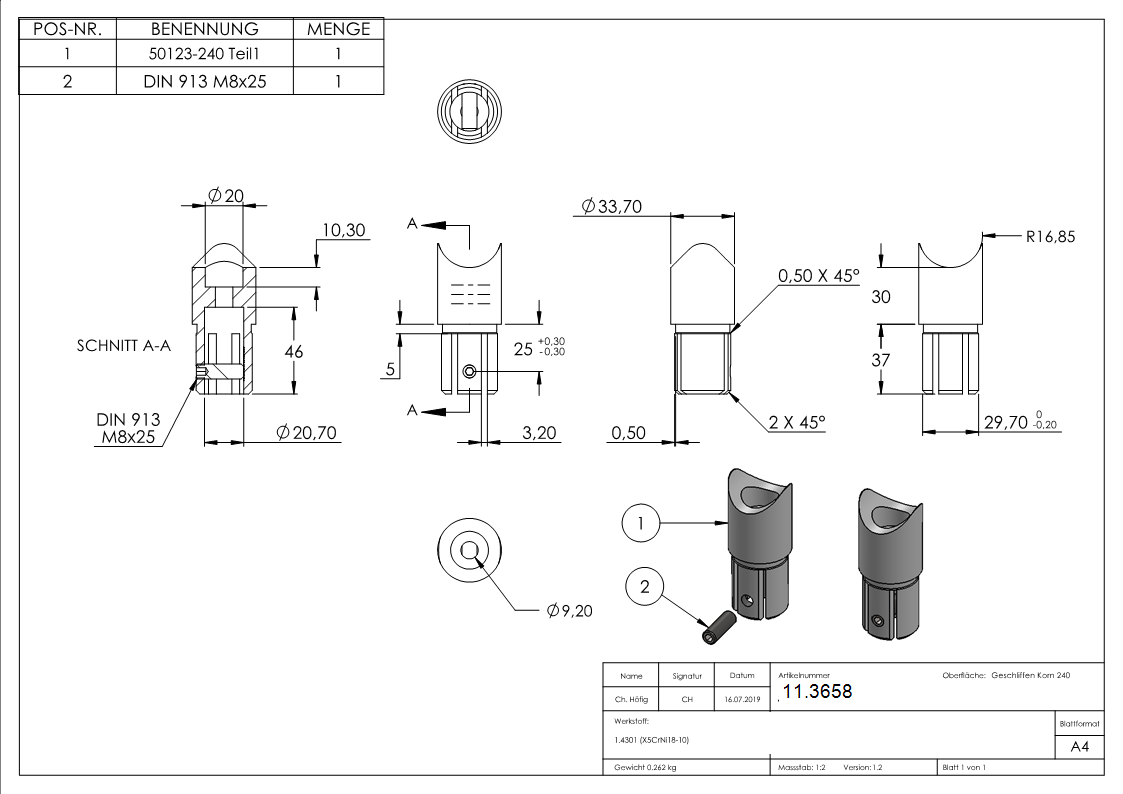 Anschlussstueck 90 V2A fuer Rohr Ø 33-7 mm mit Klemmschraube-11-3658.4-STUeCK