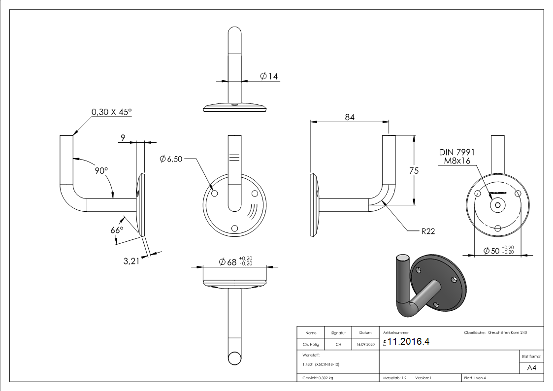 Handlaufhalter mit Ronde 70x5 mm zum Anschweissen V2A-11-2016.4