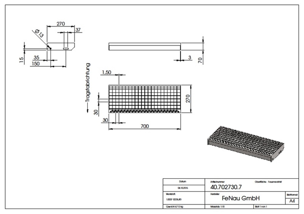 Gitterroststufe Treppenstufe Masse- 700x270 mm 30-30 mm S235JR -St37-2- im Vollbad feuerverzinkt-40-702730.7
