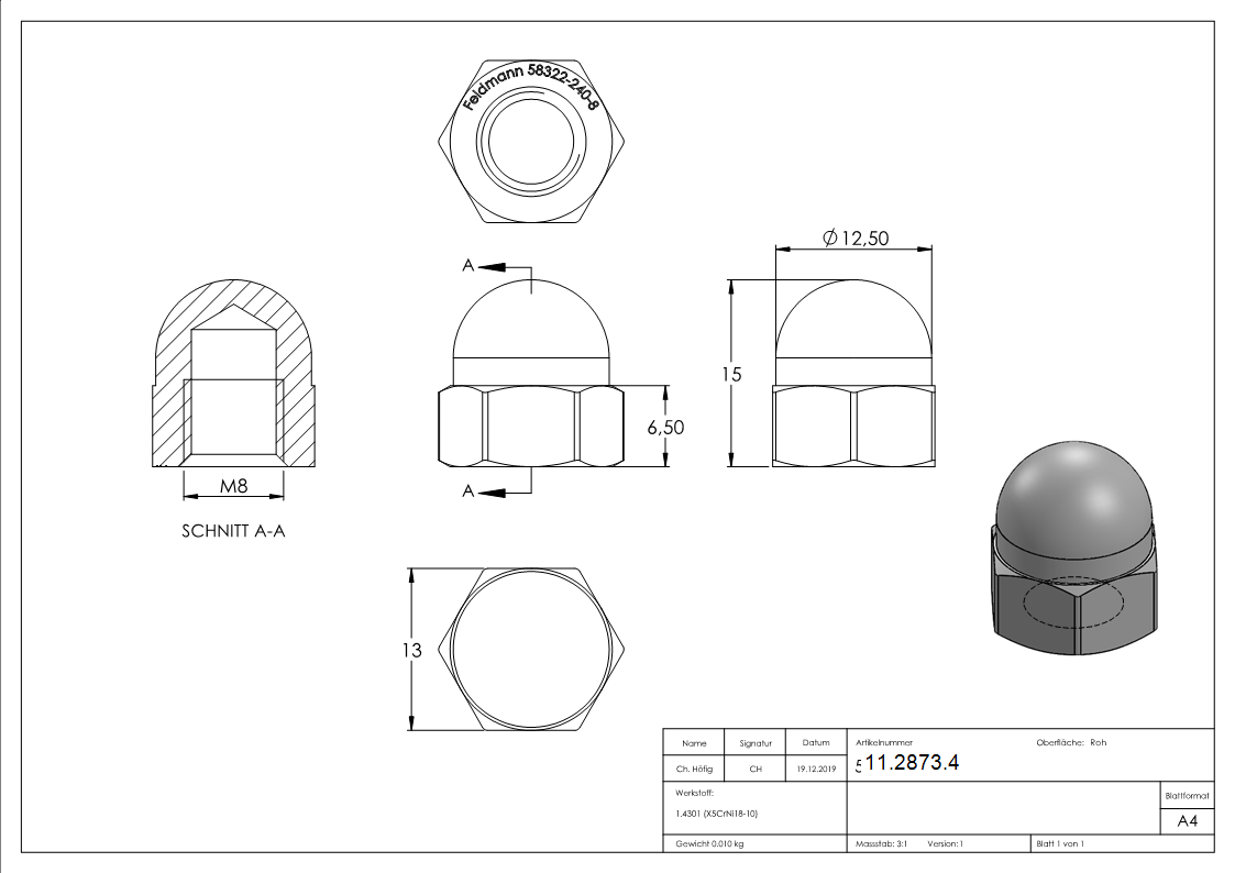 Hutmutter - Gewinde M8 - DIN 1587- A2 - V2A-11-2873.4