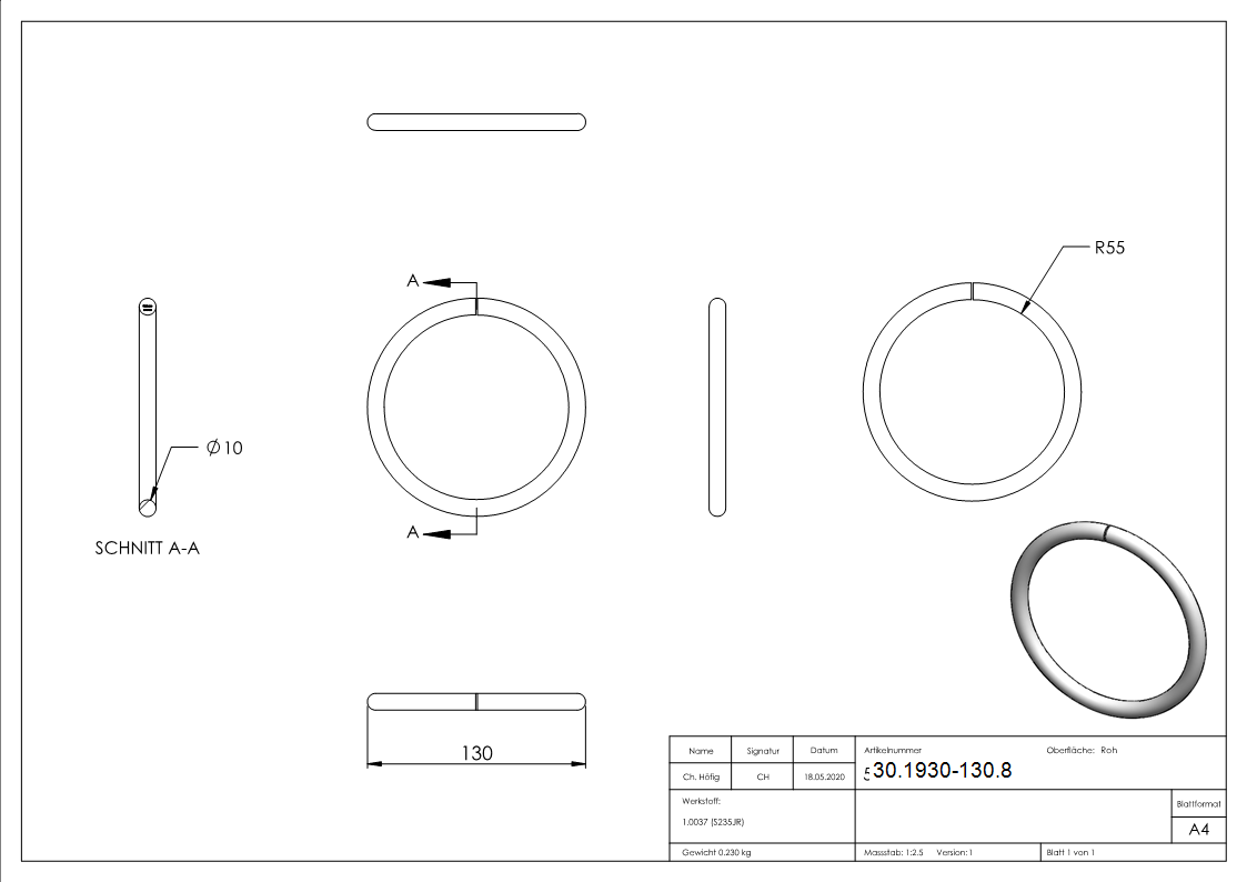 Ring - Material- 10 mm - Aussen-Ø 130 mm - Stahl S235JR- roh-30-1930-130.8