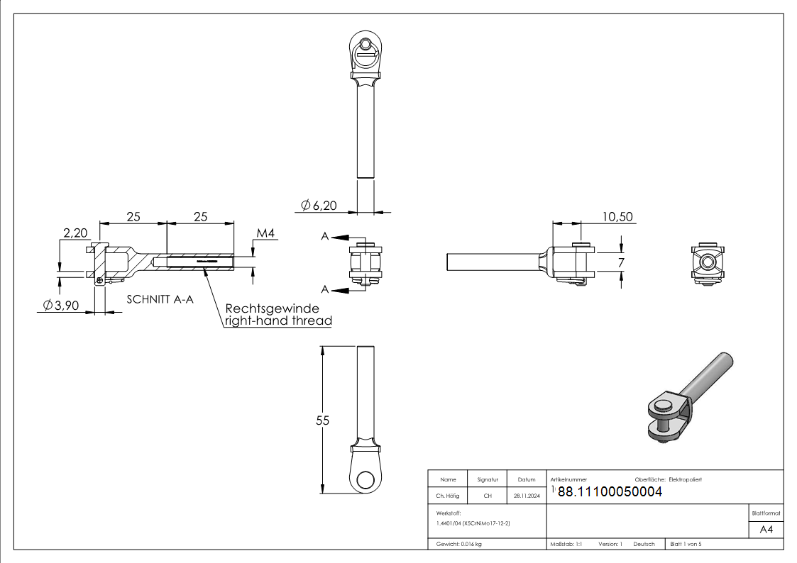 Gabelterminal Edelstahl V4A M4 rechts-88.11100050004