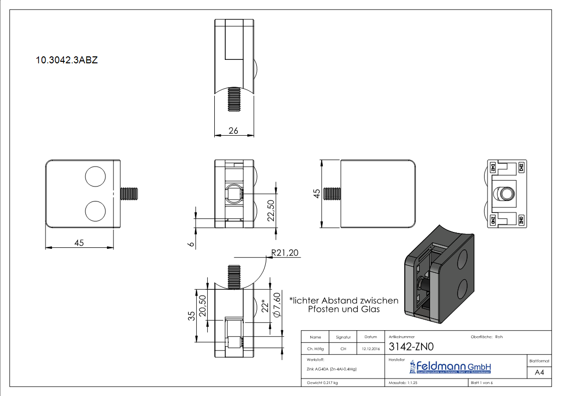 Glasklemme 45x45x26 mm AbZ fuer Anschluss Ø 42-4 mm Zink-10-3042.3ABZ
