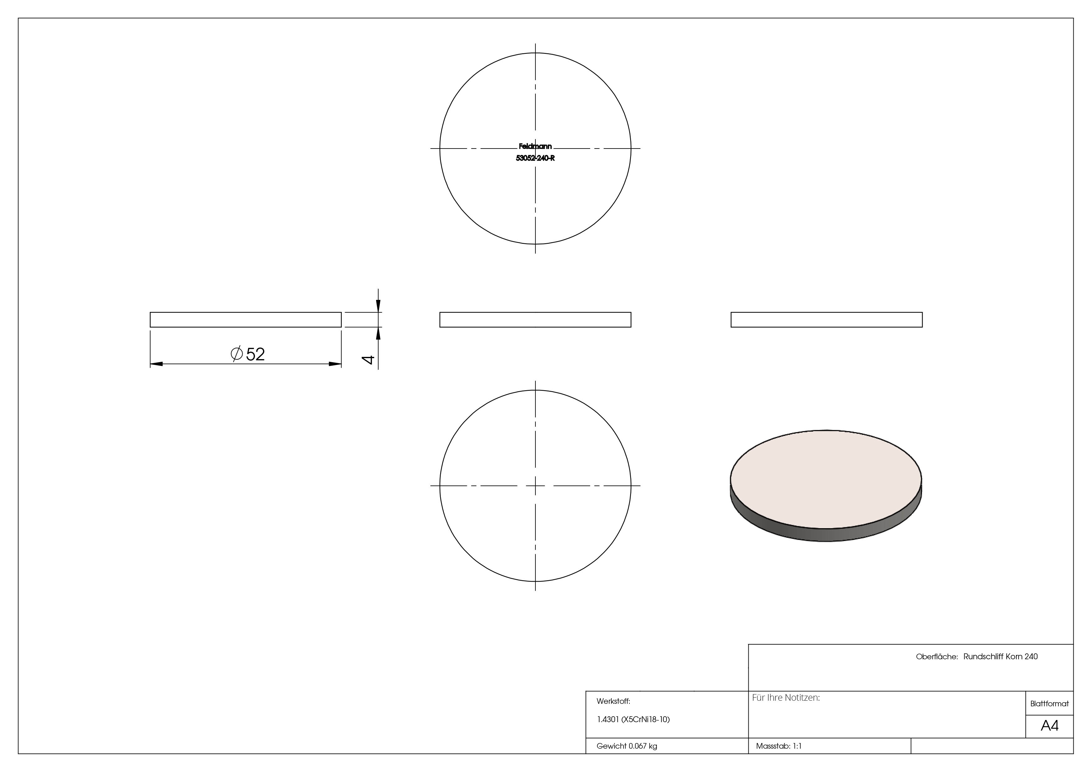 Ronde - Masse- Ø 52x4 mm - mit Rundschliff - V2A-11-2238R.4