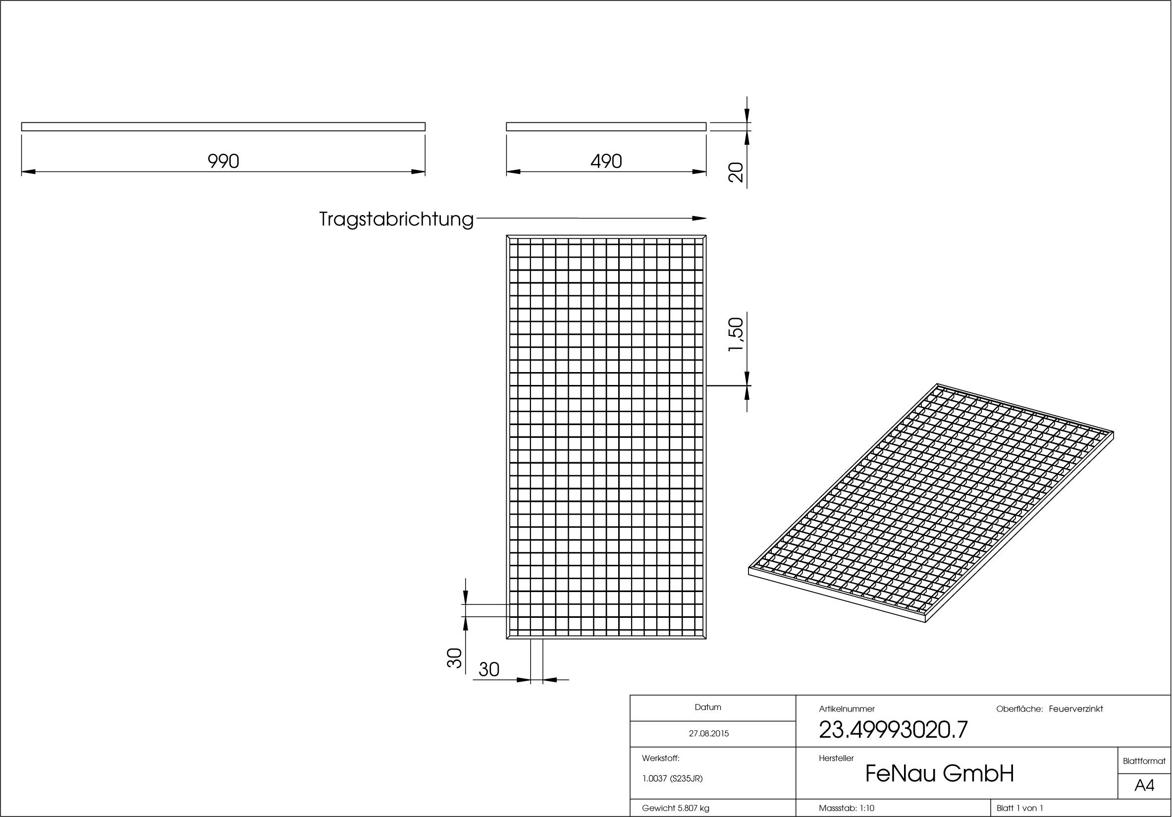 Lichtschachtrost Baunormrost - Masse-  490x990x20 mm 30-30 mm - aus S235JR -St37-2- im Vollbad feuerverzinkt-23-49993020.7
