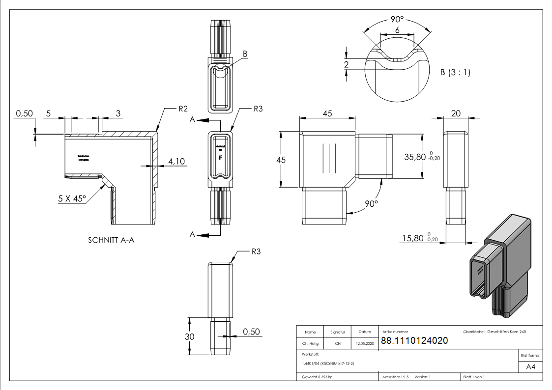 Steckverbinder 90° V4A fuer Rechteckrohr 40x20x2 mm zum Stecken-88.1110124020