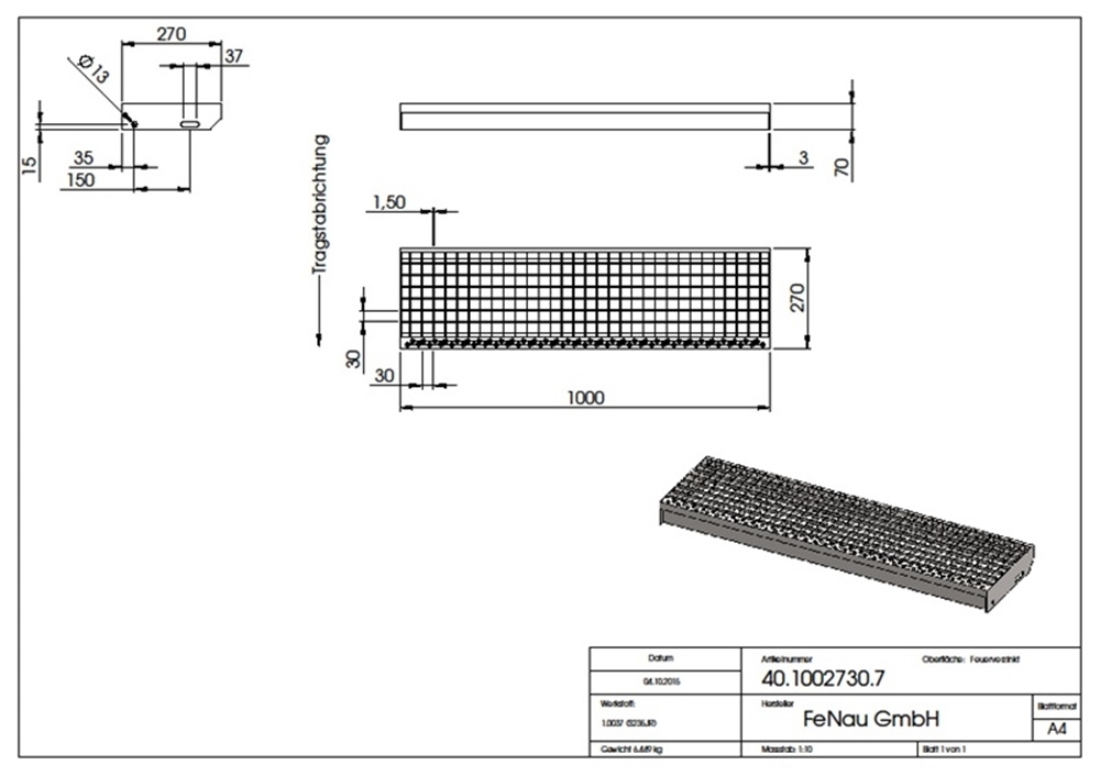 Gitterroststufe Treppenstufe Masse- 1000x270 mm 30-30 mm S235JR -St37-2- im Vollbad feuerverzinkt-40-1002730.7
