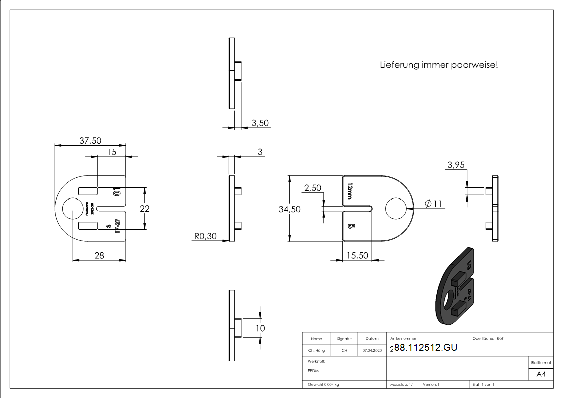 Gummieinlage Gummi fuer Glas 12-00 mm fuer Glasklemme Modell 25-88-112512.GU