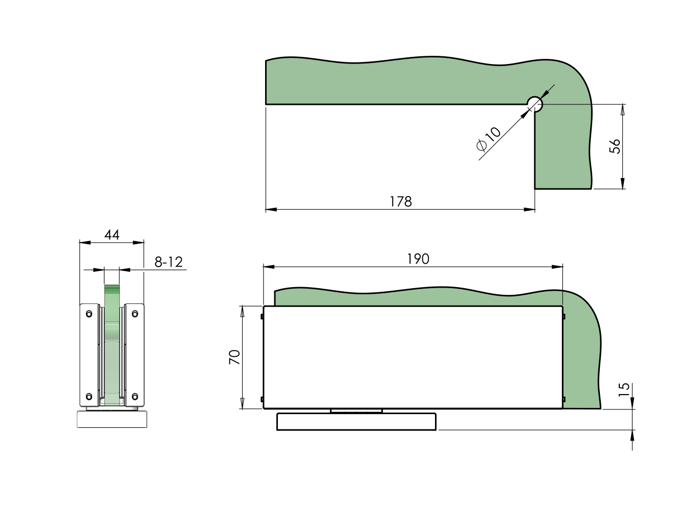 Bodentuerband fuer Glastueren- selbstschliessend- Edelstahl A2- Schwarz 190x70mm-89-11GSBLACKZP805S-A.4