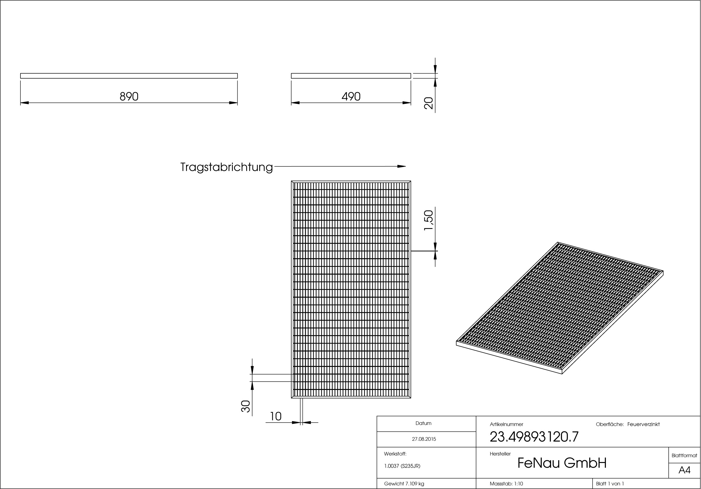 Lichtschachtrost Baunormrost - Masse-  490x890x20 mm 30-10 mm - aus S235JR -St37-2- im Vollbad feuerverzinkt-23-49893120.7