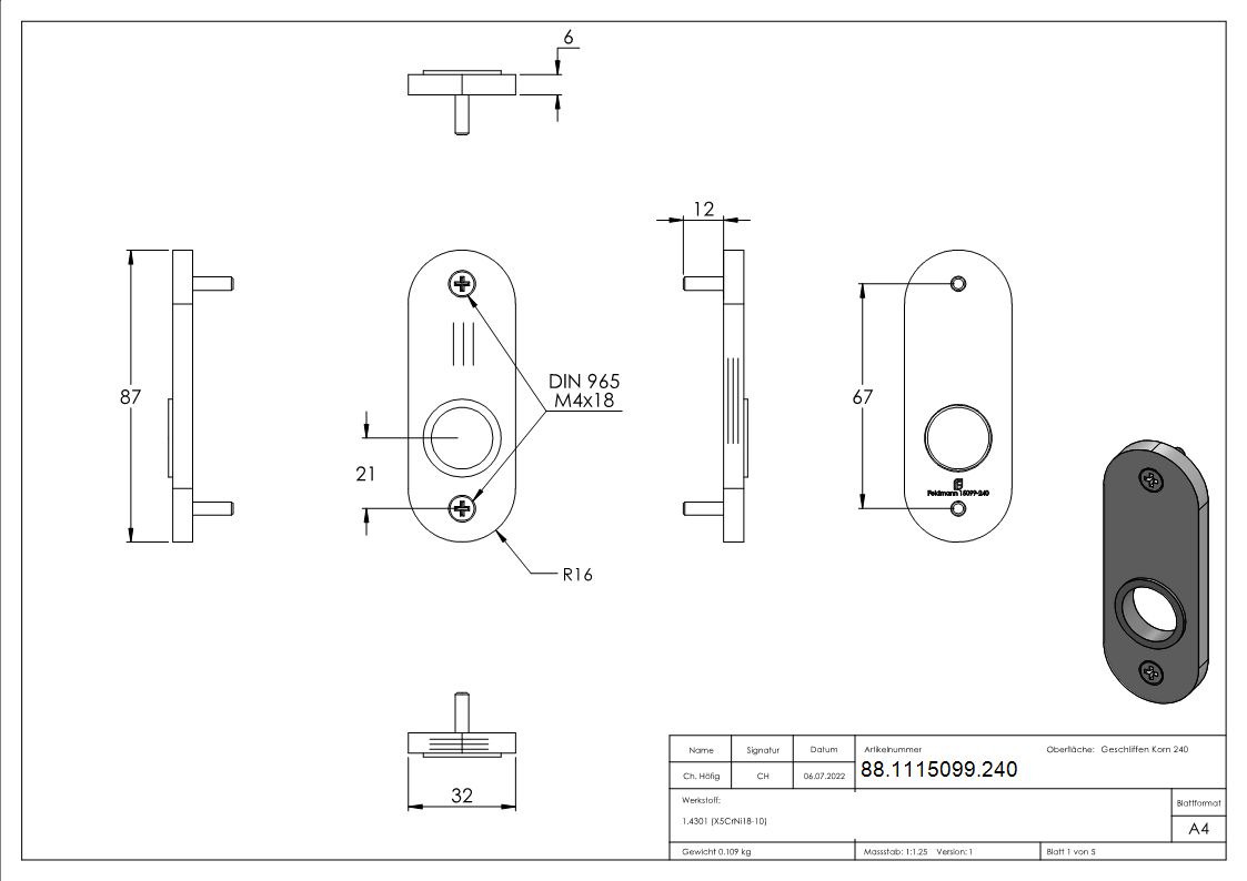 Kurzschild Edelstahl V2A 32 x 87 x 6 mm gerundet geschliffen Korn 240-88-1115099.240