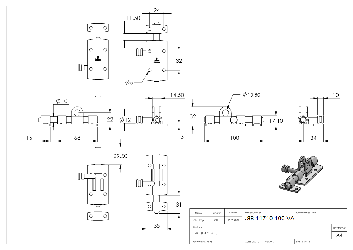 Torriegel zum Anschrauben- Edelstahl V2A-88-11710-100.VA