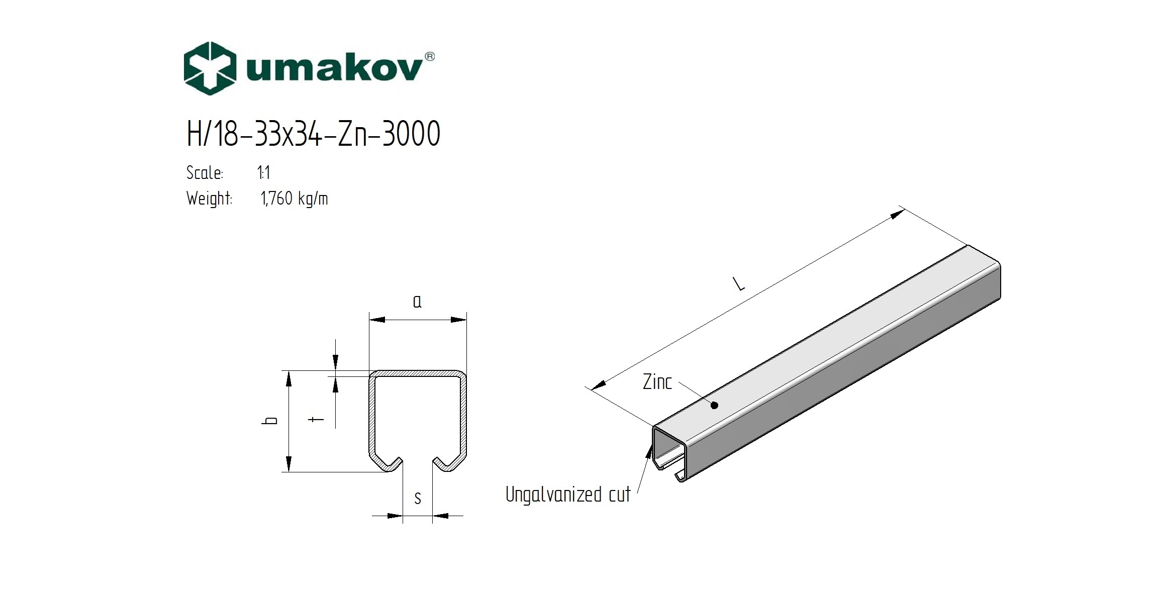 Laufschiene Stahl verzinkt 33 x 34 x 2-0 mm L = 3000 mm fr Schiebetore-89-11H1833X34ZN3000-A.4