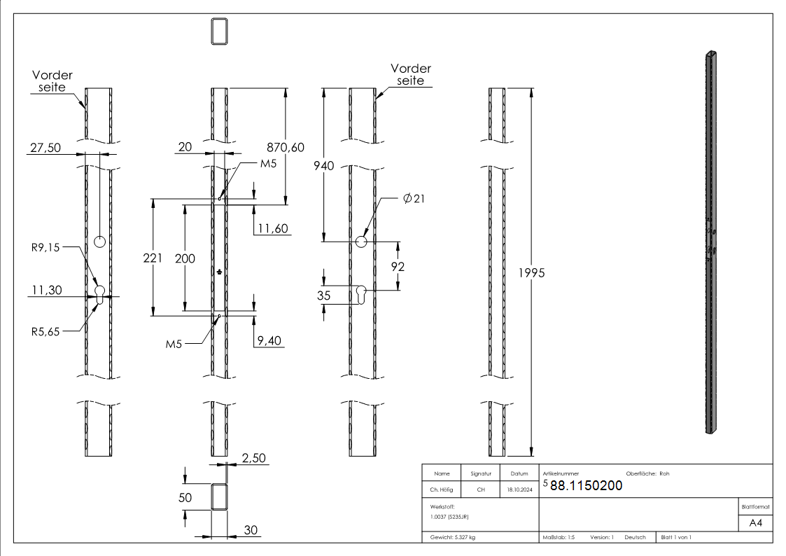 Schlossrohr Stahl 50 x 30 mm- 2000 mm- gehaemmert-88.1150200