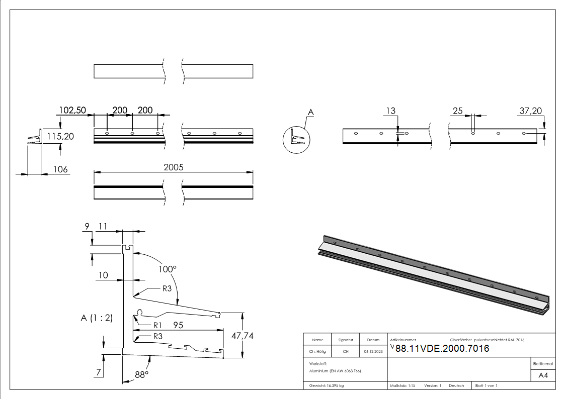 Vordachprofil eleganza canopy- L- 2005mm- RAL7016-88-11VDE-2000.7016