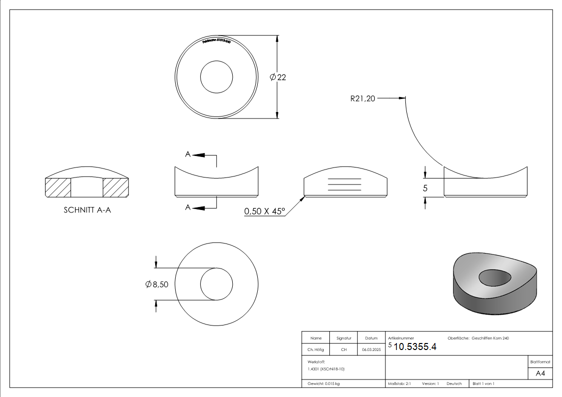 Ausgleichsstueck Ø 22 mm fuer Rundrohr Ø 42-4 mm V2A-10-5355.4