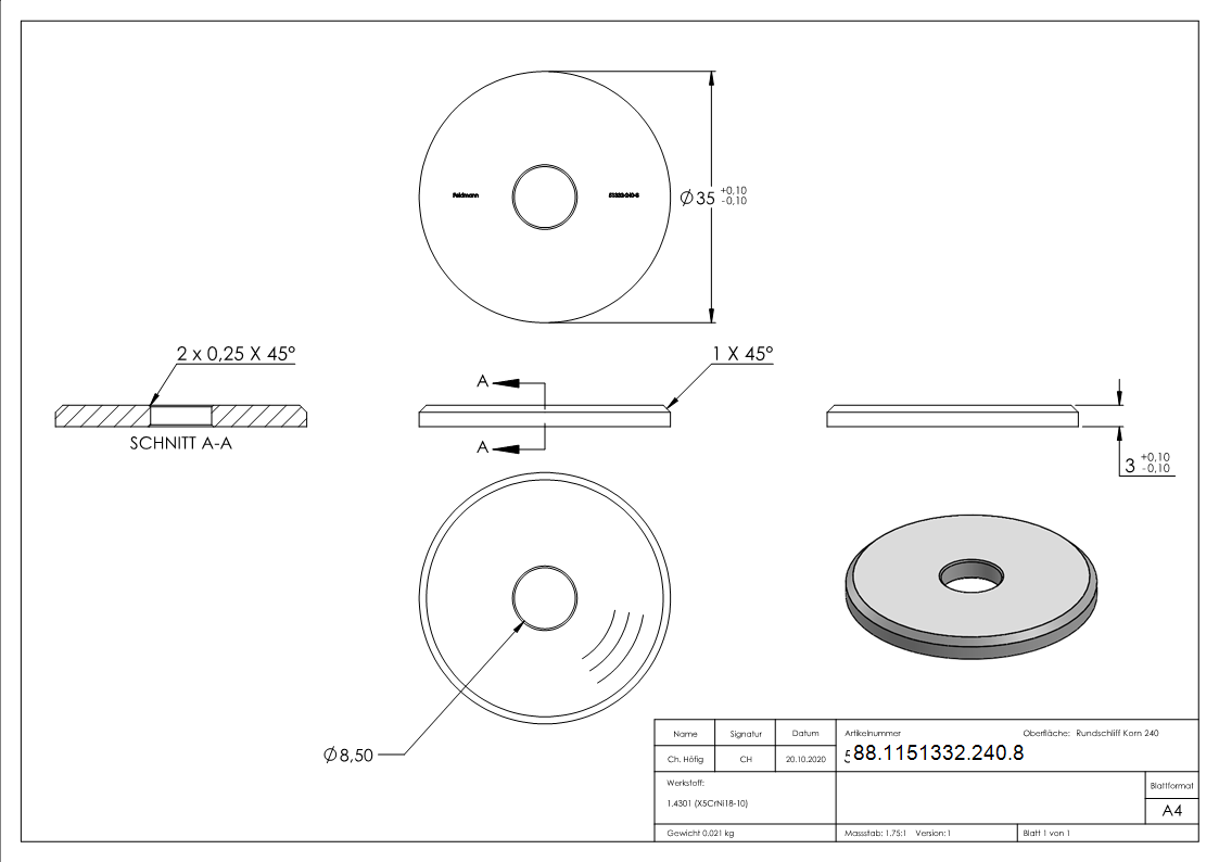 Ausgleichsstueck Ø 35 mm mit Bohrung 8-5 mm V2A-88-1151332-240.8