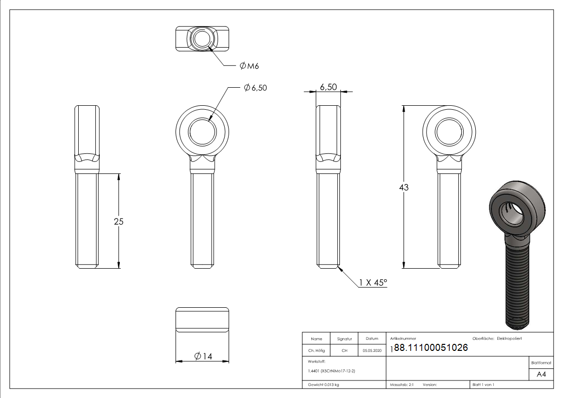 Augenenden Edelstahl V4A M6 Gewindelaenge 25 mm-88.11100051026