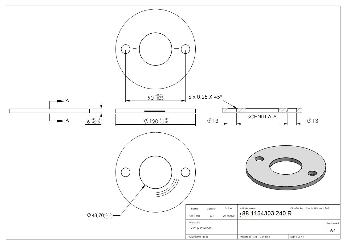 Ankerplatte Ø 120 x 6mm- mit Rundschliff- V2A-88-1154303-240.R