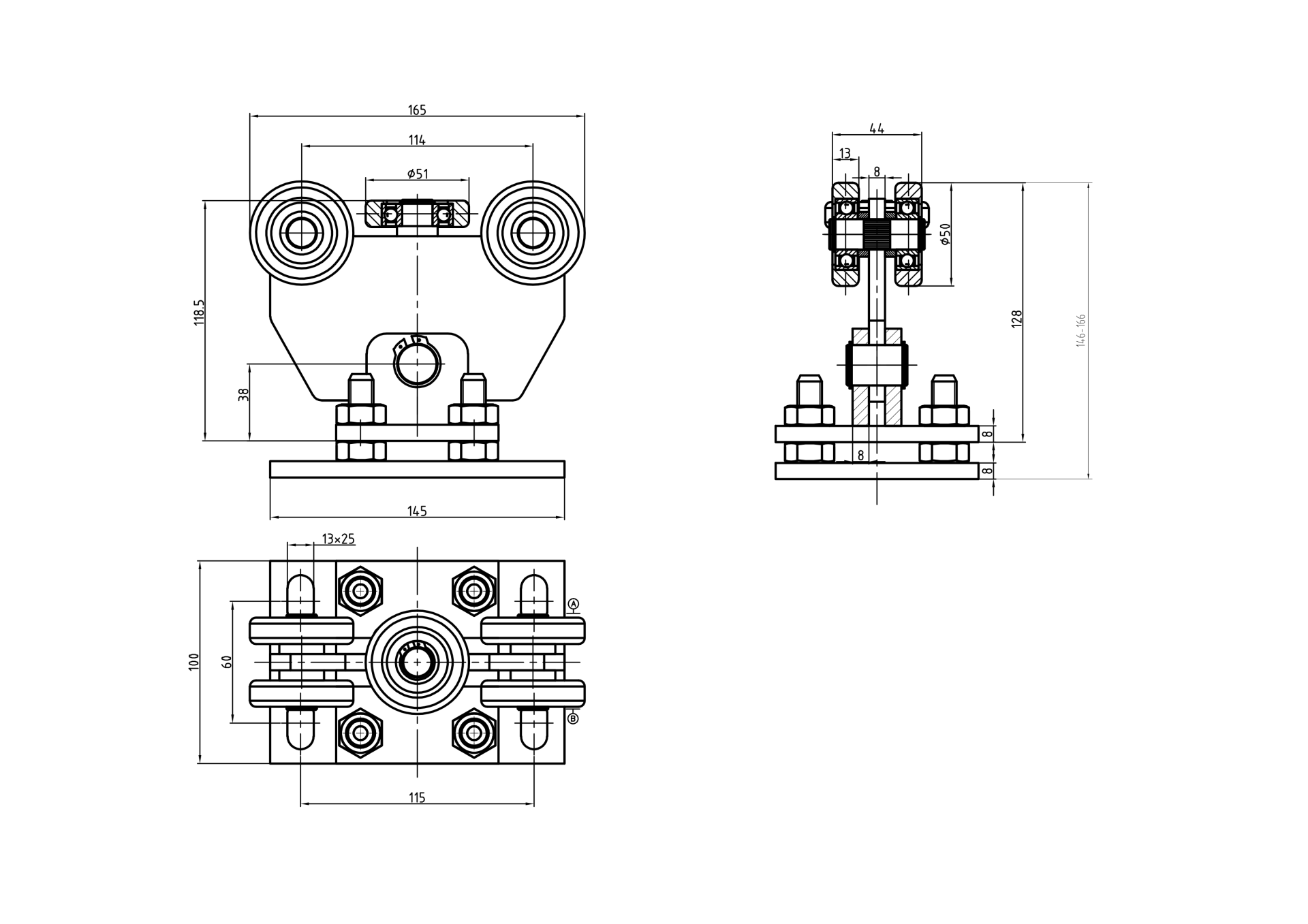 Schiebetor Laufwagen 5-raedrig Edelstahl V2A fuer Profil 60x60 mm-89-11H834460X60-A.4