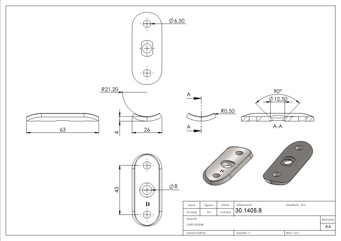 Halteplatte - 64x24x4 mm - fuer Rundrohr Ø 42-4 mm - Stahl S235JR- roh-30-1405.8