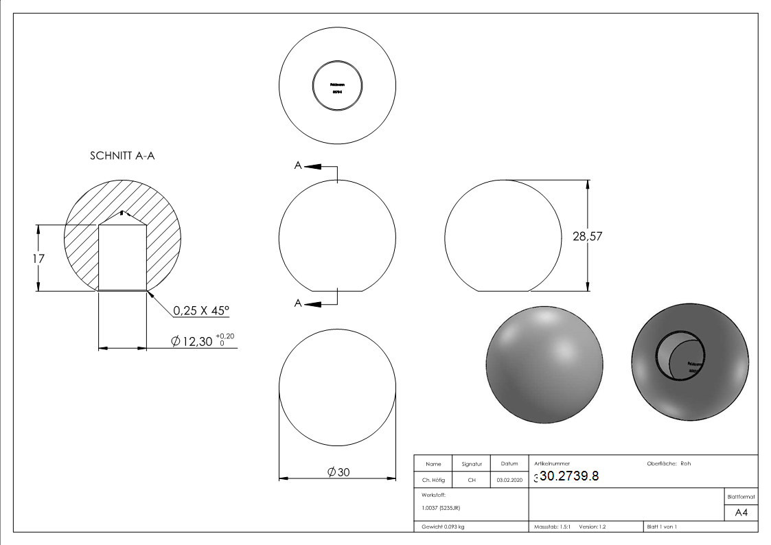 Massivkugel V2A Ø 30 mm mit Sackloch Ø 12-3 mm glatt-30-2739.8