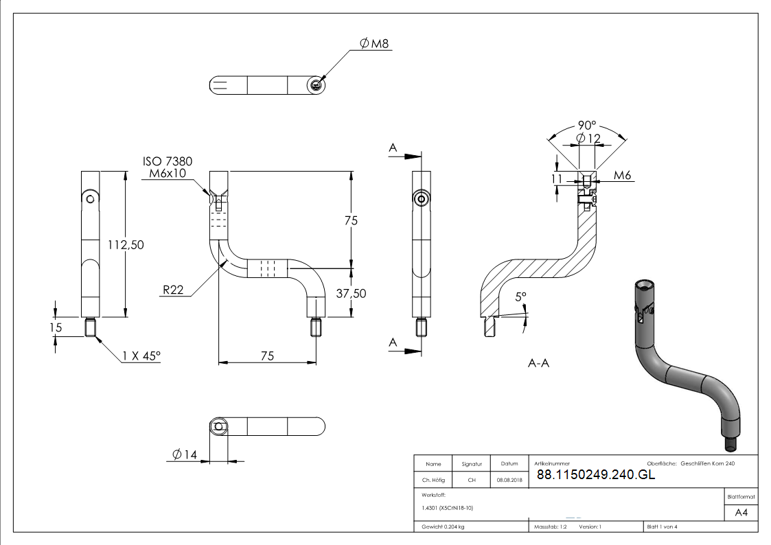 Buegel Edelstahl V2A Ø 14 mm- H 112 mm- B 75 mm- M8-M6 Gewinde- mit Gelenk-88-1150249-240.GL