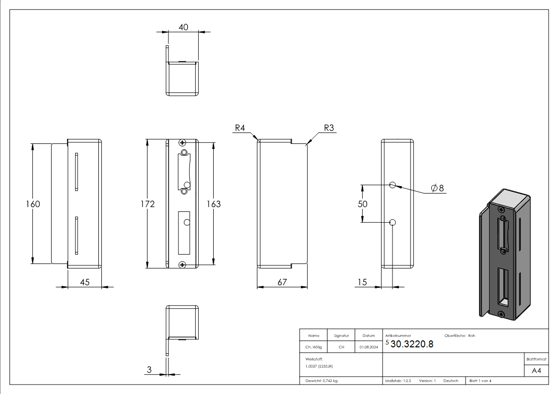 Gegenkasten - Masse- 172x45x40 mm - Stahl -roh- S235 JR-30-3220.8
