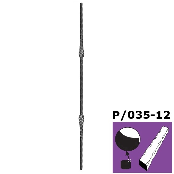 Geschmiedeter Zierstab Stahl roh 12x12 mm mit 2 Zierelementen H 900 mm-89-11T107022-A.4