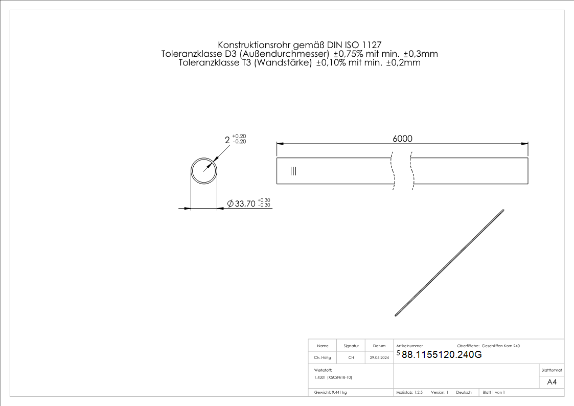 Edelstahlrohr Edelstahl V2A Ø 33-7 x 2-0 mm L = 6000 mm geglueht Korn 240-88-1155120.240G