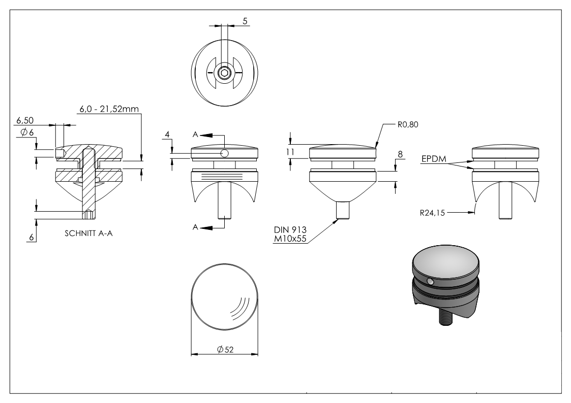 Glaspunkthalter Ø 52 mm fuer Anschluss- flach - Ø 48-3 mm V2A - V4A-10-GPH52-5.2