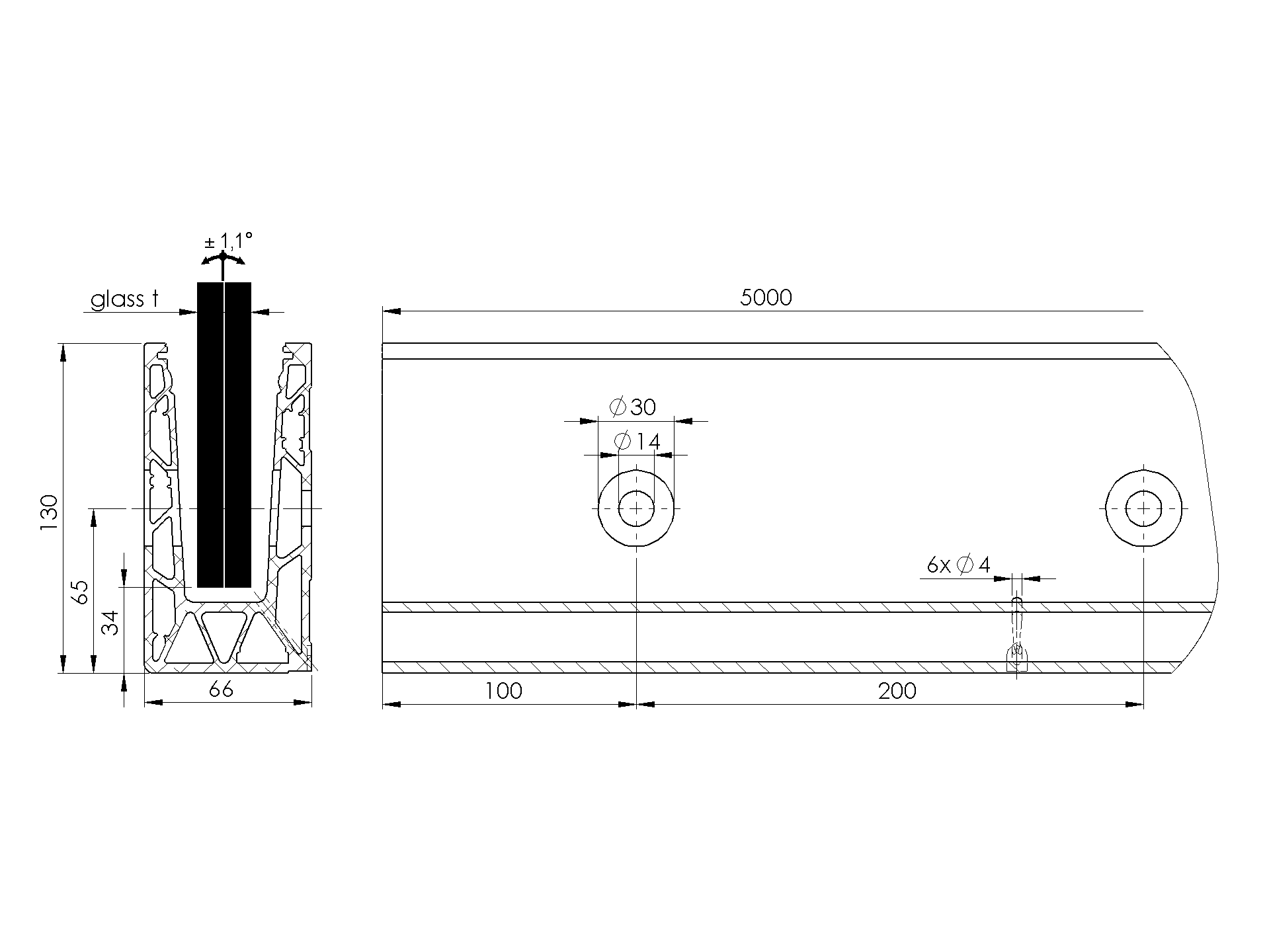 Ankerprofil Aluminium 130-66mm 5000 mm seitliche Befestigung Satin-ELOX-89-11AL0005UNO5000SE-A.4