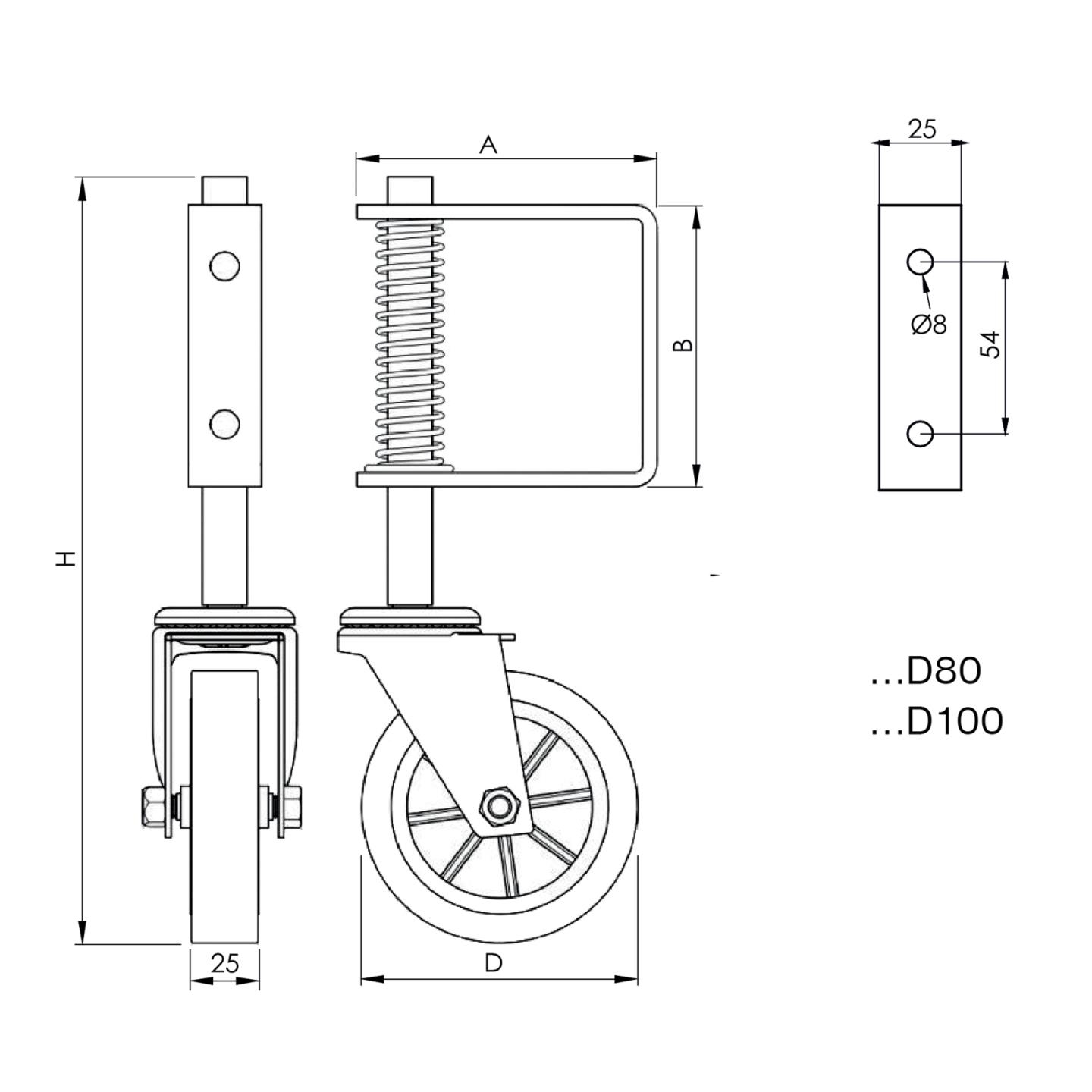 Feder-Sttzrad Stahl verzinkt Rad  102 mm gefedert Hhe 280 mm-89-11HPK01D100-A.4