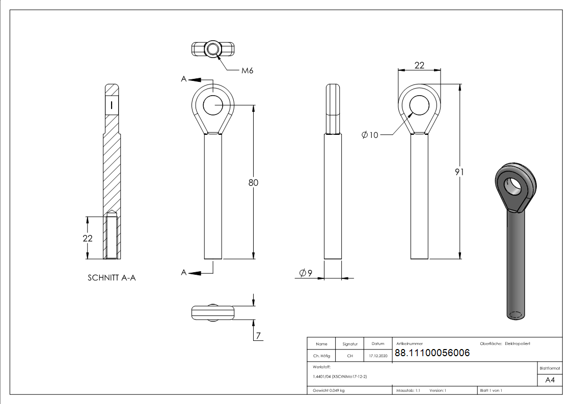 Augenende Edelstahl V4A Innengewinde M6-88.11100056006