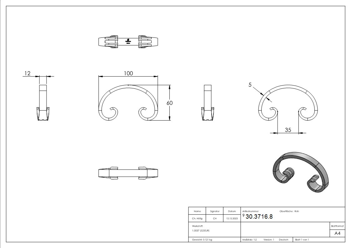 C-Schnecke - Masse- 60x100 mm - Material- 12x5 mm - Stahl S235JR- roh-30-3716.8