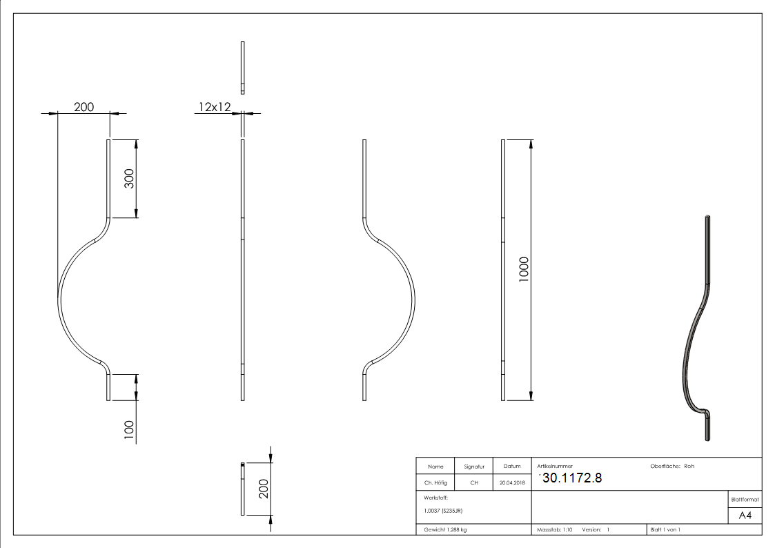 Bauchstab - Laenge- 1000 mm - Material- 12x12 mm - Stahl S235JR- roh-30-1172.8