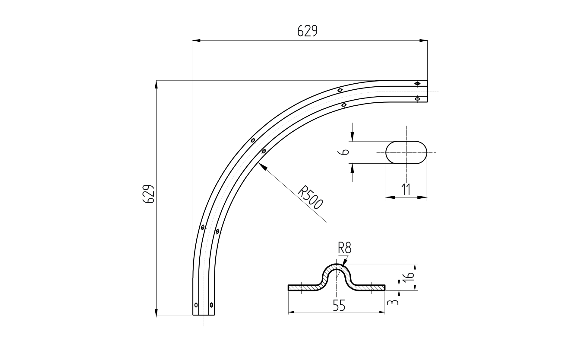 Bodenlaufschiene gebogen Stahl verzinkt U-Rille R8 90 Grad zum Anschrauben-89-11H39U630CUR-A.4