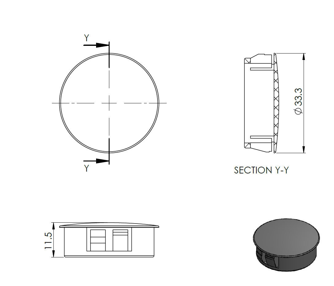 Endkappe PVC fuer AL-Profile Ø 30 mm Loch- Flansch Ø 33 mm- Schwarz-89-11A240005009BLACK-A.4