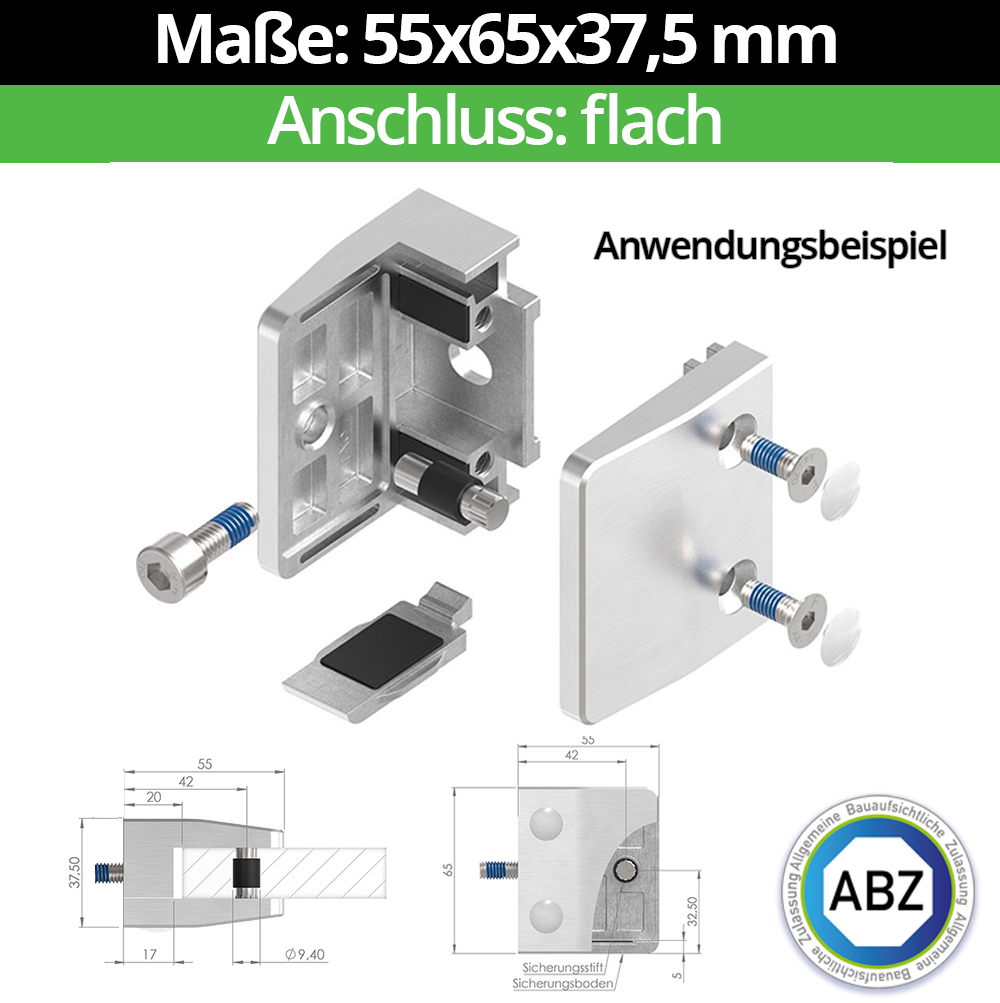 Glasklemme AbZ 55x65x37-5 mm  Flach- fuer 8-00 mm ESG Glas- Nein - Ohne Sicherungsstift- Nein - Ohne Sicherungsboden-10-MODELL35-1-7-1.1