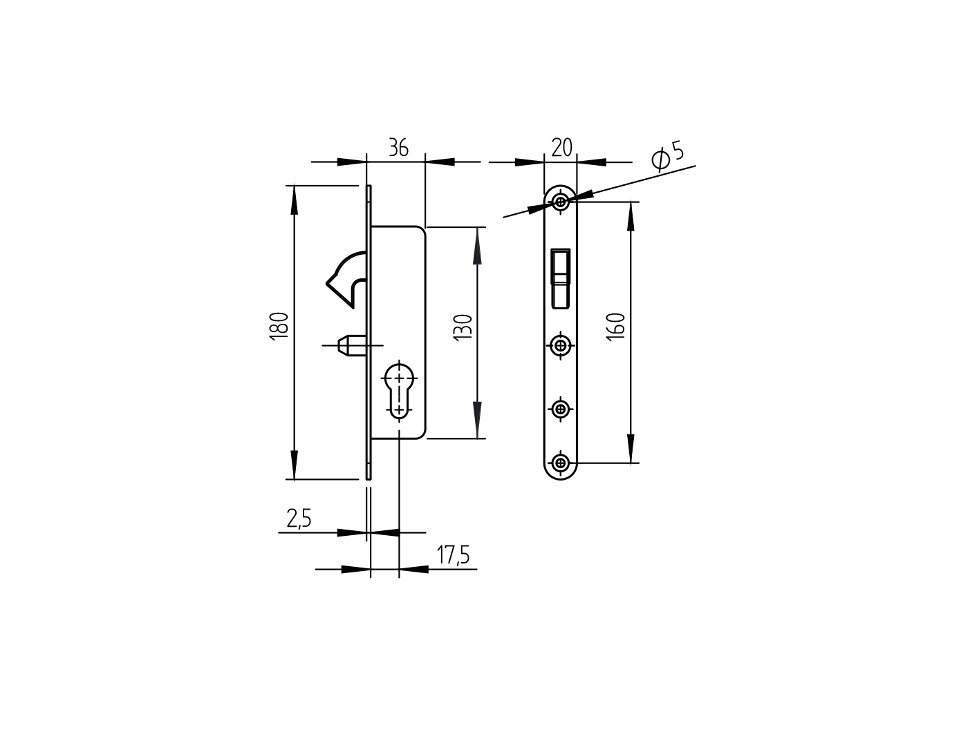 Schiebetorschloss Stahl verzinkt fuer Profil 35x20 mm ohne Zylinder-89-11H3620A-A.4