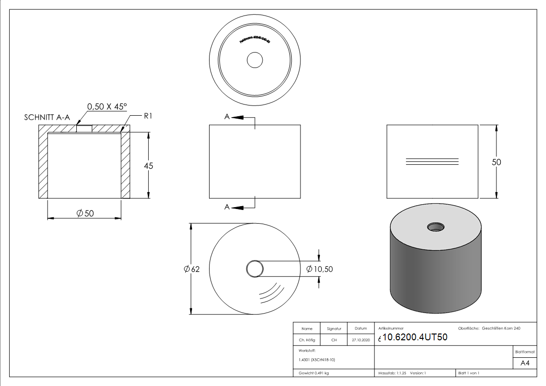 Glaspunkthalter-Unterteil Ø 62 mm- V2A- Hoehe- 50 mm-10-6200.4UT50