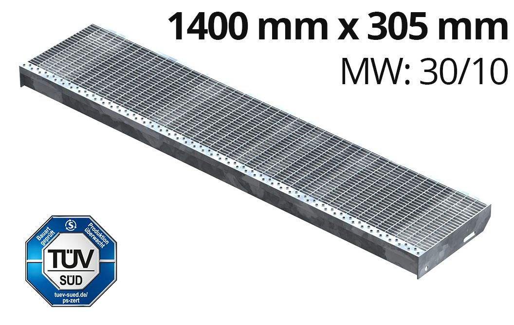 Gitterroststufe Treppenstufe Masse- 1400x305 mm 30-10 mm S235JR -St37-2- im Vollbad feuerverzinkt-40-1403031.7