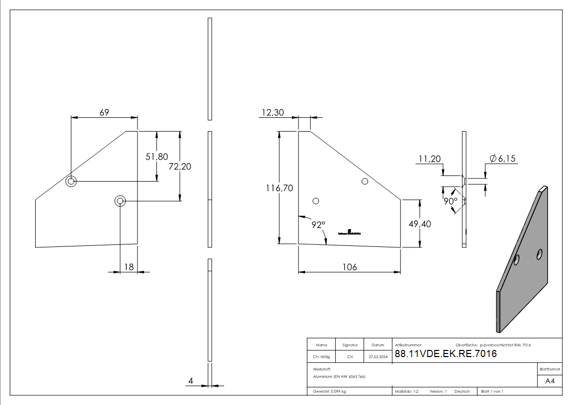 Endkappe Aluminium pulverbeschichtet RAL 7016 rechts fuer Vordachprofil eleganza canopy-88-11VDE-EK-RE.7016