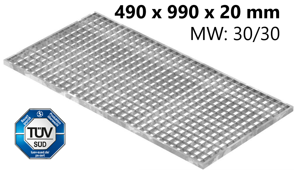 Lichtschachtrost Baunormrost - Masse-  490x990x20 mm 30-30 mm - aus S235JR -St37-2- im Vollbad feuerverzinkt-23-49993020.7