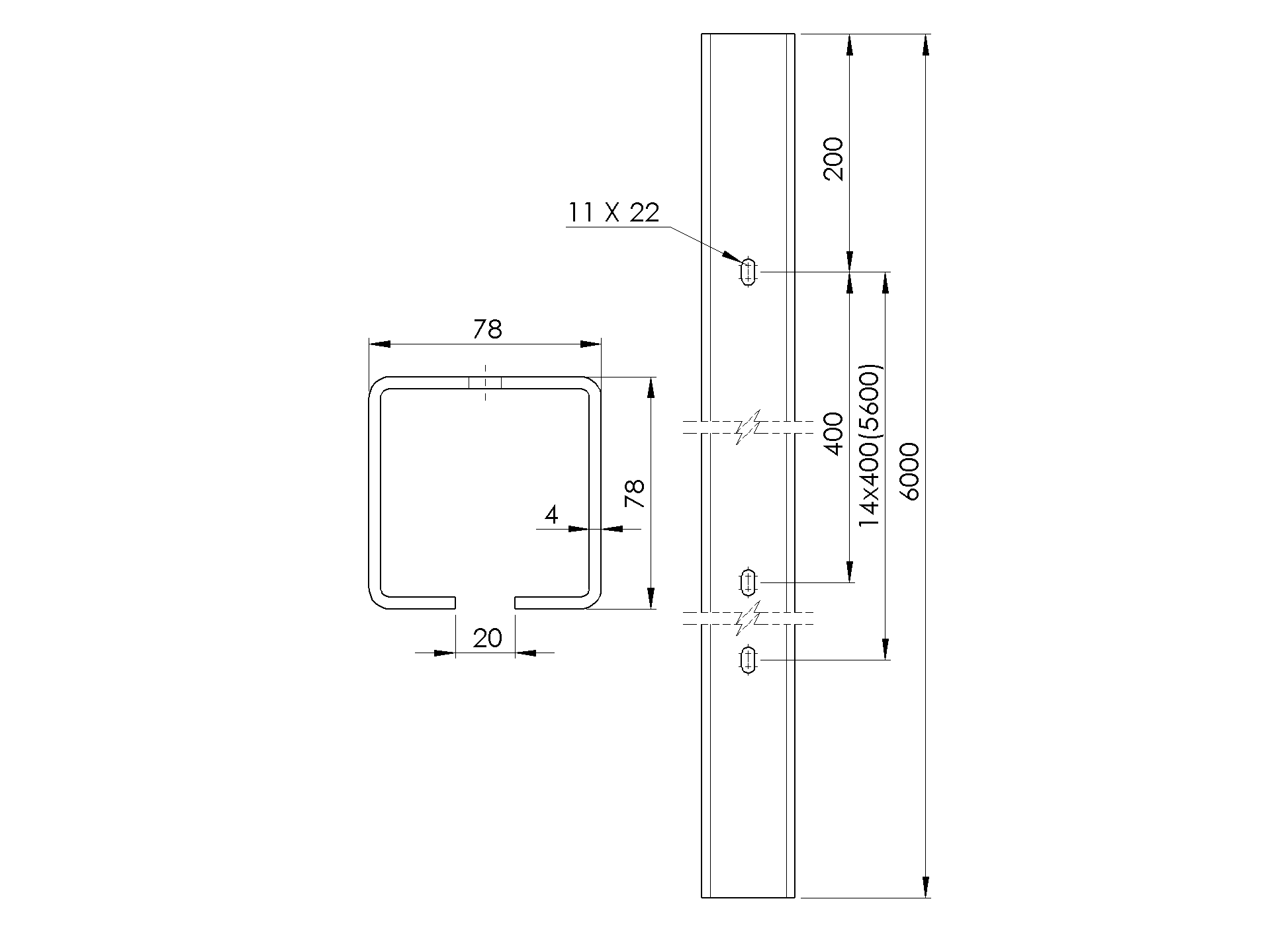 Fuehrungsprofil Stahl verzinkt 78 x 78 x 4 mm L=6000 mm gelocht-89-11H0280X80ZND6000-A.4