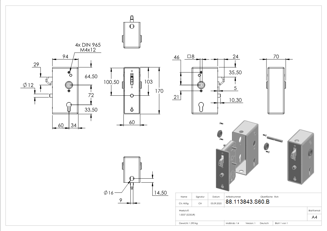 Kastenschloss Hakenschloss verzinkt roh 60 x 94 x 170 mm mit Wechsel-88-113843-S60.B