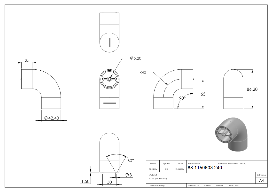 Endbogen Edelstahl V2A fuer Holzhandlauf Ø 42-4 mm 90° inkl- Adapter-88-1150603.240
