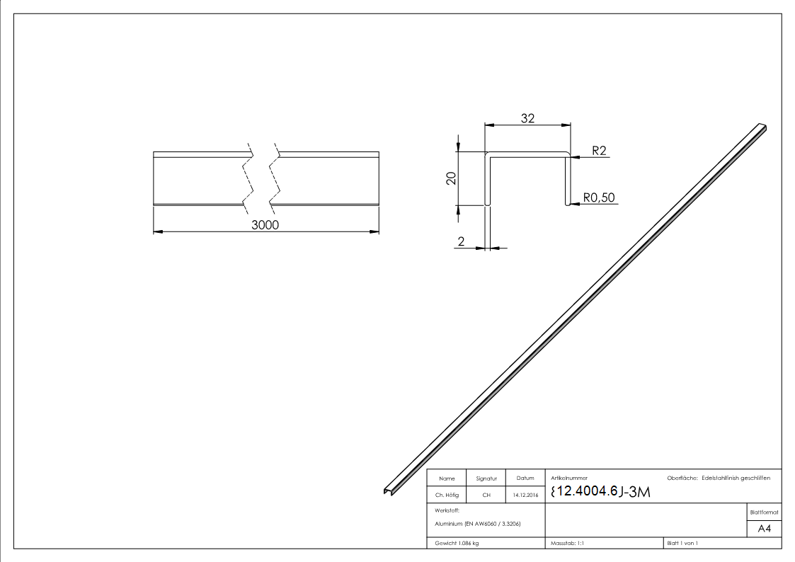 U-Profil - Masse- 32x20x2 mm - Laenge- 3000 mm - Aluminium elox- E4-EV1-12-4004.6